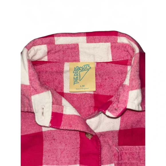 There Abouts Girls Pink White Checkered Button Down Flannel Size Large 14 - Picture 5 of 6